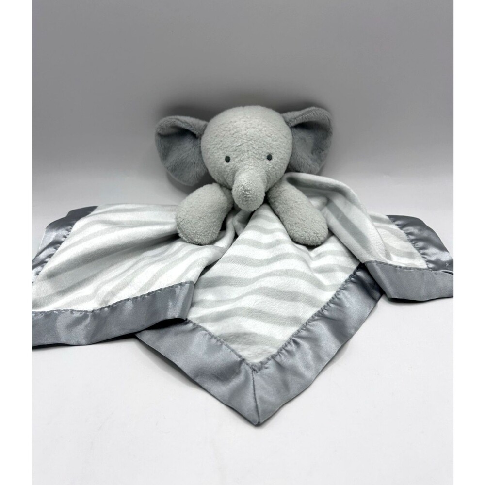 Cloud Island Striped Elephant Gray Satin Lovey Security Blanket Plush